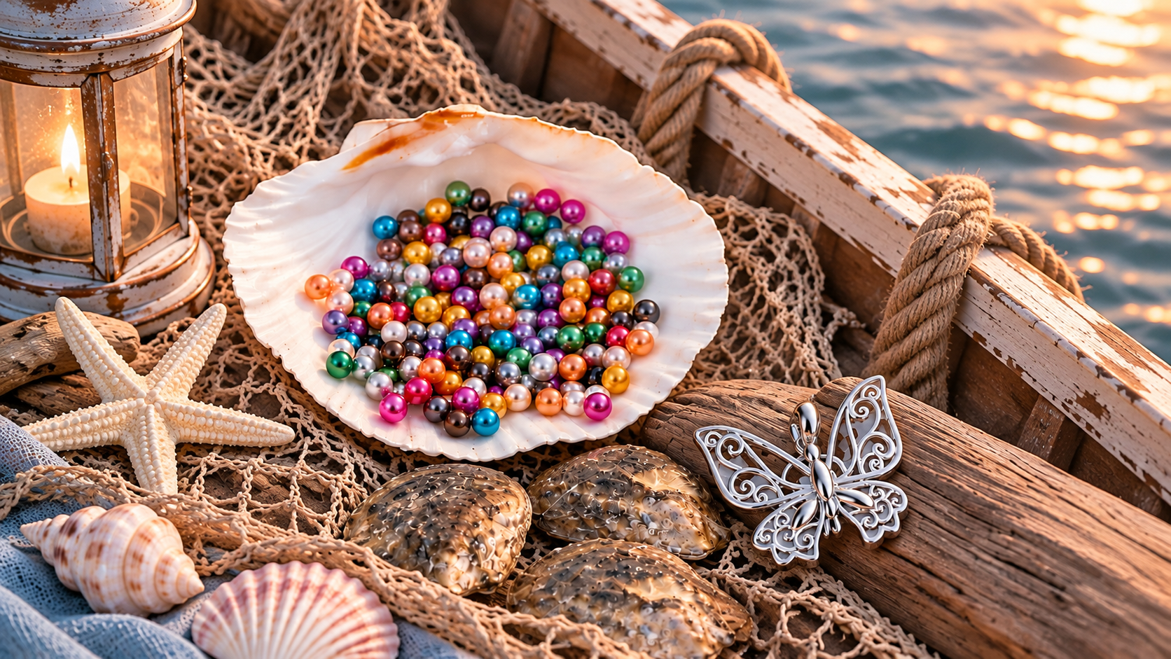 Flat-lay of gold and pearl jewelry on powder-blue and blush silk